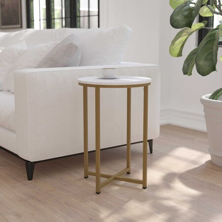Flash Furniture Hampstead Collection End Table - Modern White Marble Finish Accent Table with Crisscross Brushed Gold Frame NAN-JH-1787ET-MRBL-GG